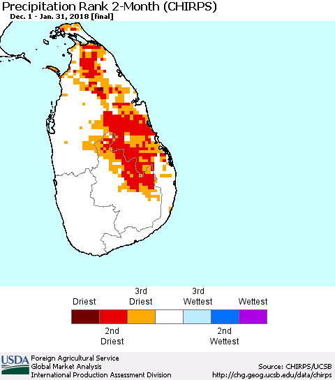 Sri Lanka Precipitation Rank since 1981, 2-Month (CHIRPS) Thematic Map For 12/1/2017 - 1/31/2018