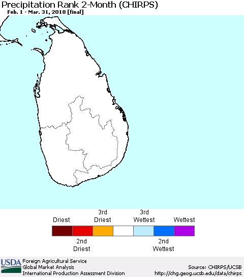 Sri Lanka Precipitation Rank since 1981, 2-Month (CHIRPS) Thematic Map For 2/1/2018 - 3/31/2018
