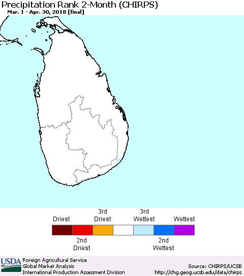 Sri Lanka Precipitation Rank since 1981, 2-Month (CHIRPS) Thematic Map For 3/1/2018 - 4/30/2018