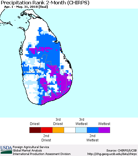 Sri Lanka Precipitation Rank since 1981, 2-Month (CHIRPS) Thematic Map For 4/1/2018 - 5/31/2018