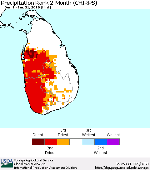 Sri Lanka Precipitation Rank since 1981, 2-Month (CHIRPS) Thematic Map For 12/1/2018 - 1/31/2019