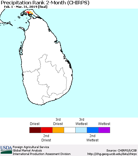Sri Lanka Precipitation Rank since 1981, 2-Month (CHIRPS) Thematic Map For 2/1/2019 - 3/31/2019