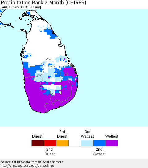 Sri Lanka Precipitation Rank 2-Month (CHIRPS) Thematic Map For 8/1/2019 - 9/30/2019