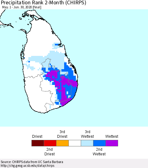 Sri Lanka Precipitation Rank 2-Month (CHIRPS) Thematic Map For 5/1/2020 - 6/30/2020