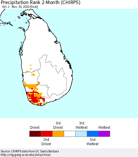 Sri Lanka Precipitation Rank 2-Month (CHIRPS) Thematic Map For 10/1/2020 - 11/30/2020