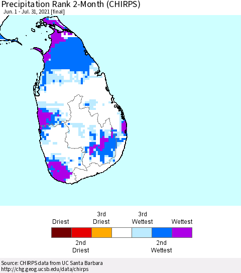 Sri Lanka Precipitation Rank 2-Month (CHIRPS) Thematic Map For 6/1/2021 - 7/31/2021