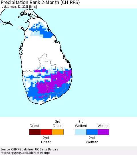 Sri Lanka Precipitation Rank since 1981, 2-Month (CHIRPS) Thematic Map For 7/1/2021 - 8/31/2021