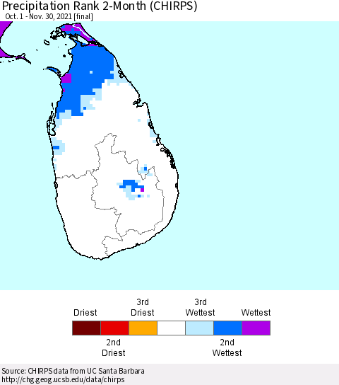 Sri Lanka Precipitation Rank since 1981, 2-Month (CHIRPS) Thematic Map For 10/1/2021 - 11/30/2021