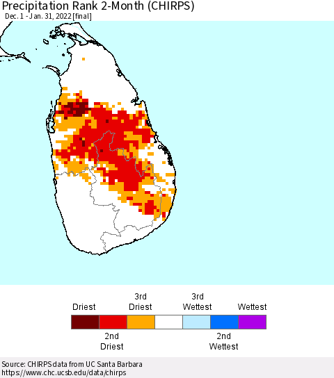 Sri Lanka Precipitation Rank since 1981, 2-Month (CHIRPS) Thematic Map For 12/1/2021 - 1/31/2022