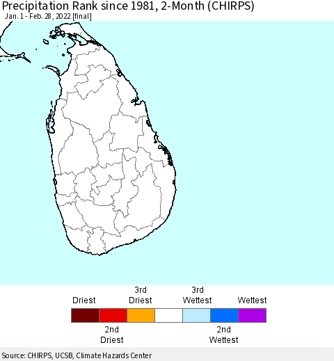 Sri Lanka Precipitation Rank since 1981, 2-Month (CHIRPS) Thematic Map For 1/1/2022 - 2/28/2022