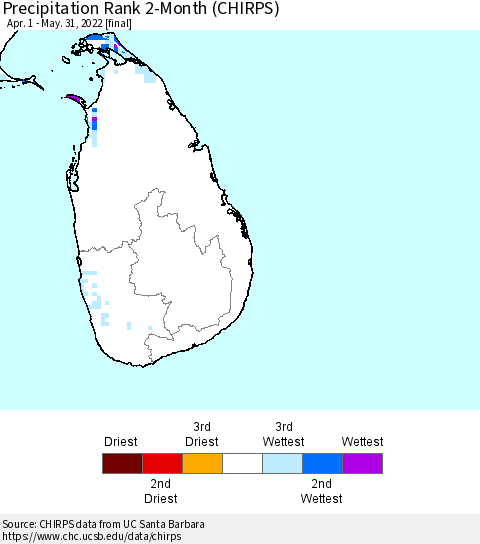 Sri Lanka Precipitation Rank since 1981, 2-Month (CHIRPS) Thematic Map For 4/1/2022 - 5/31/2022