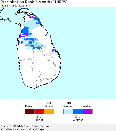 Sri Lanka Precipitation Rank since 1981, 2-Month (CHIRPS) Thematic Map For 6/1/2022 - 7/31/2022