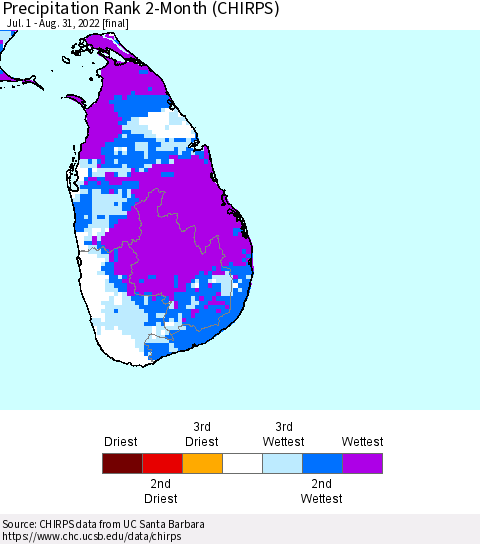 Sri Lanka Precipitation Rank since 1981, 2-Month (CHIRPS) Thematic Map For 7/1/2022 - 8/31/2022