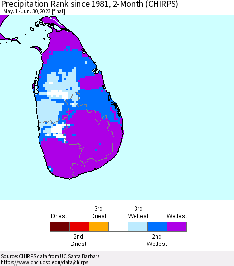 Sri Lanka Precipitation Rank since 1981, 2-Month (CHIRPS) Thematic Map For 5/1/2023 - 6/30/2023