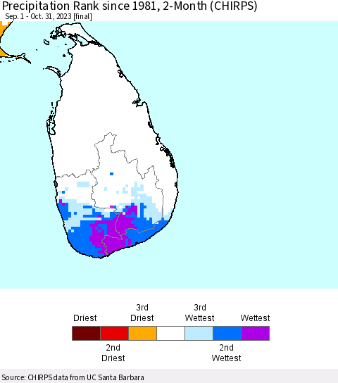 Sri Lanka Precipitation Rank since 1981, 2-Month (CHIRPS) Thematic Map For 9/1/2023 - 10/31/2023