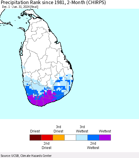 Sri Lanka Precipitation Rank since 1981, 2-Month (CHIRPS) Thematic Map For 12/1/2023 - 1/31/2024