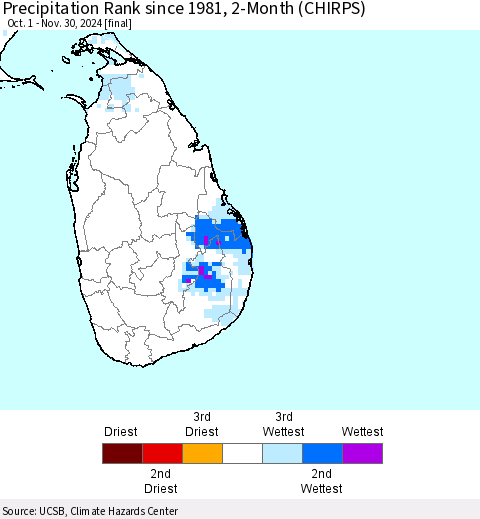 Sri Lanka Precipitation Rank since 1981, 2-Month (CHIRPS) Thematic Map For 10/1/2024 - 11/30/2024