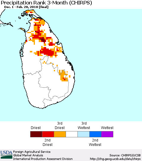 Sri Lanka Precipitation Rank since 1981, 3-Month (CHIRPS) Thematic Map For 12/1/2017 - 2/28/2018
