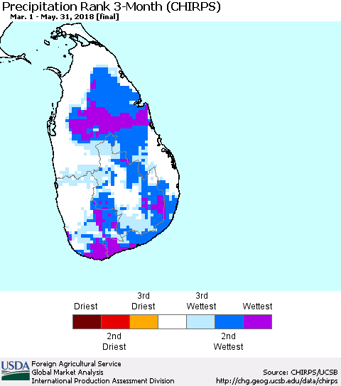 Sri Lanka Precipitation Rank since 1981, 3-Month (CHIRPS) Thematic Map For 3/1/2018 - 5/31/2018
