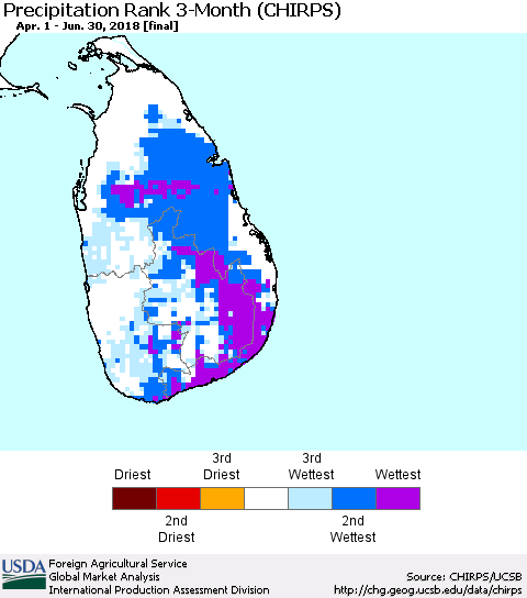 Sri Lanka Precipitation Rank since 1981, 3-Month (CHIRPS) Thematic Map For 4/1/2018 - 6/30/2018