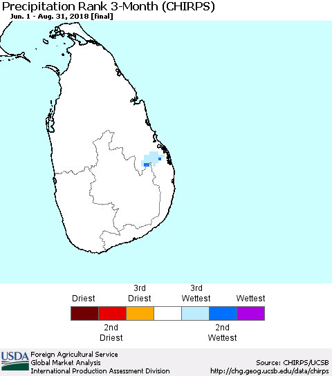 Sri Lanka Precipitation Rank since 1981, 3-Month (CHIRPS) Thematic Map For 6/1/2018 - 8/31/2018
