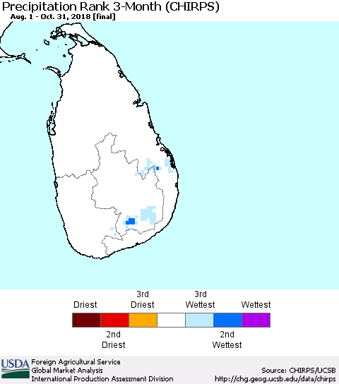 Sri Lanka Precipitation Rank since 1981, 3-Month (CHIRPS) Thematic Map For 8/1/2018 - 10/31/2018