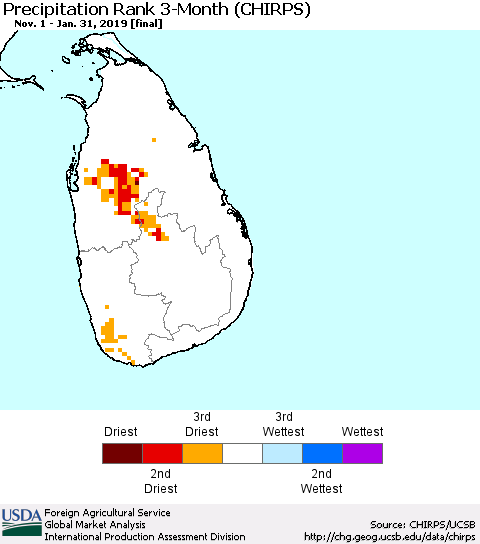 Sri Lanka Precipitation Rank since 1981, 3-Month (CHIRPS) Thematic Map For 11/1/2018 - 1/31/2019