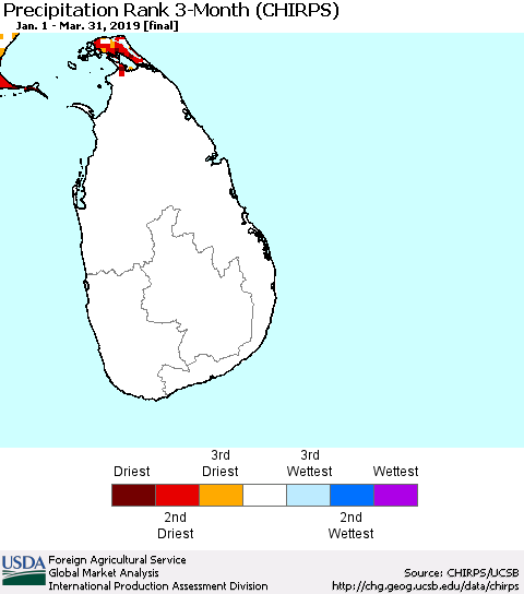 Sri Lanka Precipitation Rank since 1981, 3-Month (CHIRPS) Thematic Map For 1/1/2019 - 3/31/2019