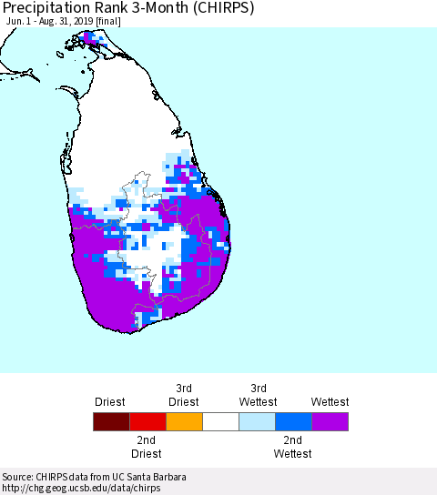 Sri Lanka Precipitation Rank 3-Month (CHIRPS) Thematic Map For 6/1/2019 - 8/31/2019