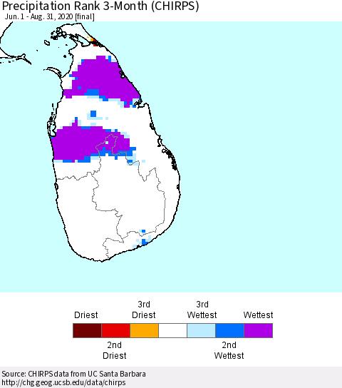 Sri Lanka Precipitation Rank 3-Month (CHIRPS) Thematic Map For 6/1/2020 - 8/31/2020