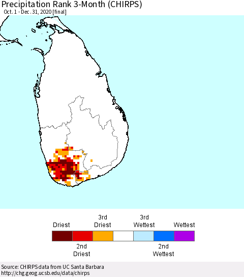 Sri Lanka Precipitation Rank since 1981, 3-Month (CHIRPS) Thematic Map For 10/1/2020 - 12/31/2020