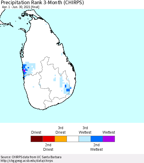 Sri Lanka Precipitation Rank since 1981, 3-Month (CHIRPS) Thematic Map For 4/1/2021 - 6/30/2021