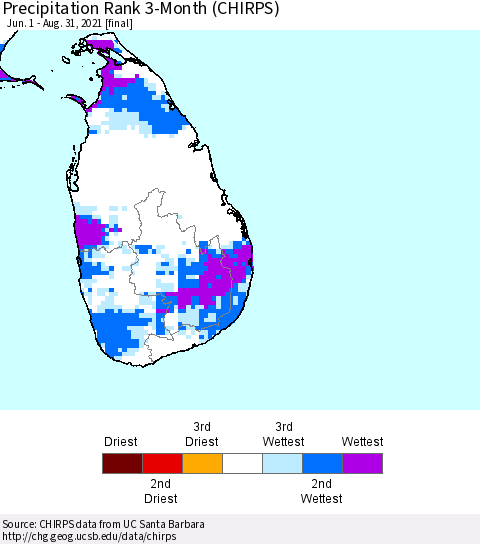 Sri Lanka Precipitation Rank 3-Month (CHIRPS) Thematic Map For 6/1/2021 - 8/31/2021