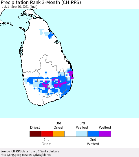 Sri Lanka Precipitation Rank 3-Month (CHIRPS) Thematic Map For 7/1/2021 - 9/30/2021
