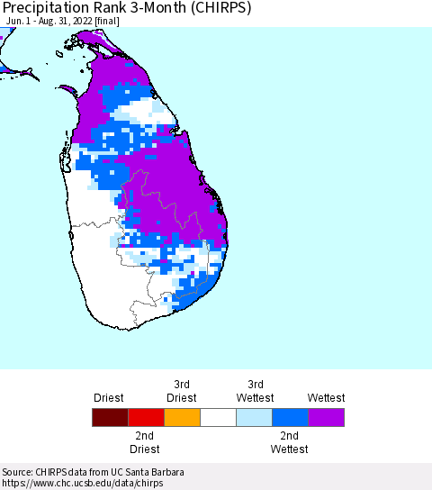 Sri Lanka Precipitation Rank 3-Month (CHIRPS) Thematic Map For 6/1/2022 - 8/31/2022