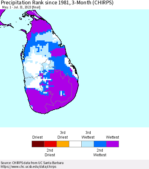 Sri Lanka Precipitation Rank since 1981, 3-Month (CHIRPS) Thematic Map For 5/1/2023 - 7/31/2023