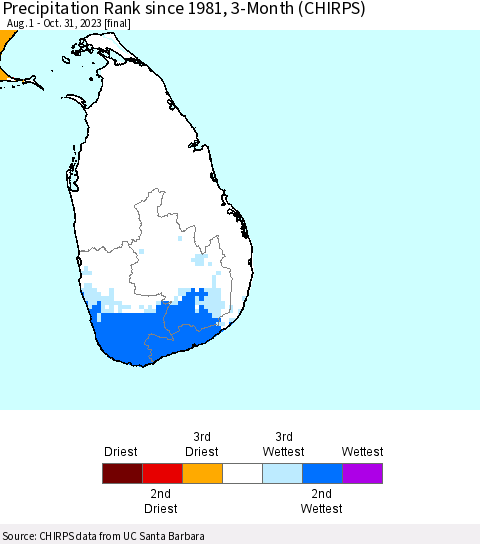Sri Lanka Precipitation Rank since 1981, 3-Month (CHIRPS) Thematic Map For 8/1/2023 - 10/31/2023