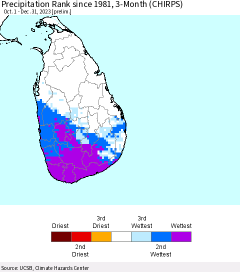 Sri Lanka Precipitation Rank since 1981, 3-Month (CHIRPS) Thematic Map For 10/1/2023 - 12/31/2023