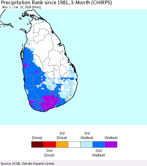 Sri Lanka Precipitation Rank since 1981, 3-Month (CHIRPS) Thematic Map For 11/1/2023 - 1/31/2024