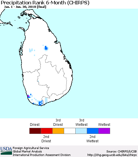 Sri Lanka Precipitation Rank since 1981, 6-Month (CHIRPS) Thematic Map For 1/1/2018 - 6/30/2018