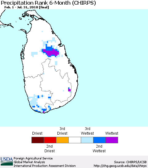 Sri Lanka Precipitation Rank since 1981, 6-Month (CHIRPS) Thematic Map For 2/1/2018 - 7/31/2018