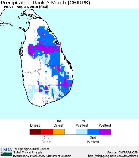 Sri Lanka Precipitation Rank since 1981, 6-Month (CHIRPS) Thematic Map For 3/1/2018 - 8/31/2018