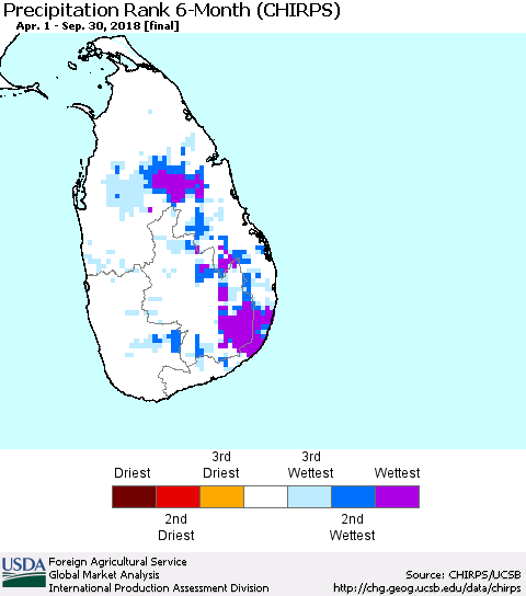 Sri Lanka Precipitation Rank since 1981, 6-Month (CHIRPS) Thematic Map For 4/1/2018 - 9/30/2018