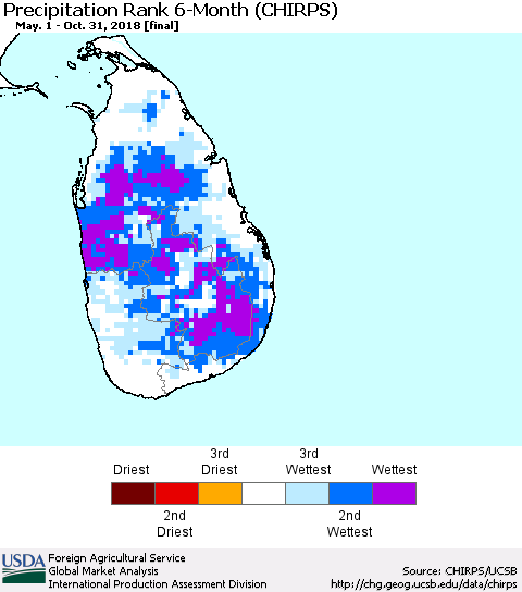 Sri Lanka Precipitation Rank since 1981, 6-Month (CHIRPS) Thematic Map For 5/1/2018 - 10/31/2018
