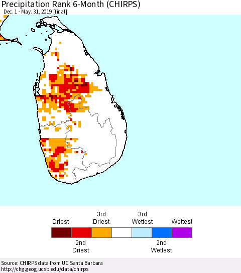 Sri Lanka Precipitation Rank since 1981, 6-Month (CHIRPS) Thematic Map For 12/1/2018 - 5/31/2019