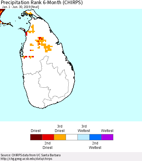 Sri Lanka Precipitation Rank since 1981, 6-Month (CHIRPS) Thematic Map For 1/1/2019 - 6/30/2019