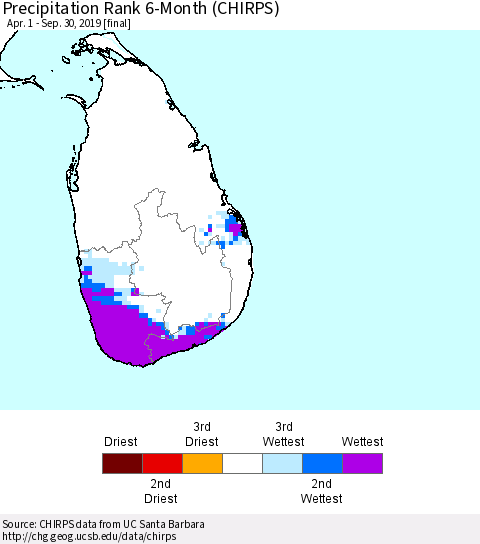 Sri Lanka Precipitation Rank since 1981, 6-Month (CHIRPS) Thematic Map For 4/1/2019 - 9/30/2019