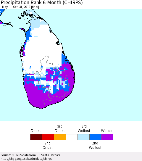 Sri Lanka Precipitation Rank 6-Month (CHIRPS) Thematic Map For 5/1/2019 - 10/31/2019