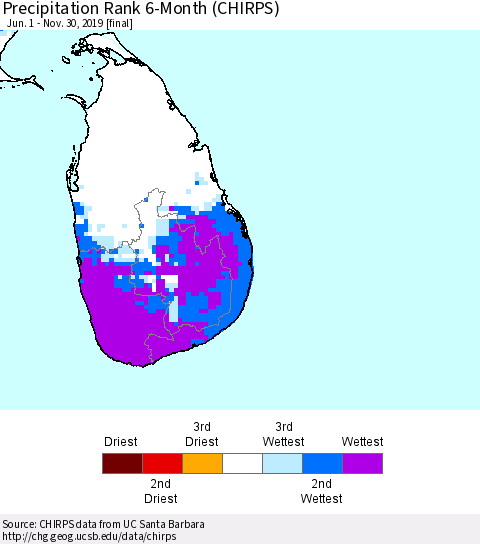 Sri Lanka Precipitation Rank 6-Month (CHIRPS) Thematic Map For 6/1/2019 - 11/30/2019