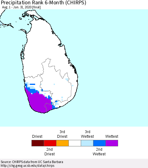 Sri Lanka Precipitation Rank 6-Month (CHIRPS) Thematic Map For 8/1/2019 - 1/31/2020